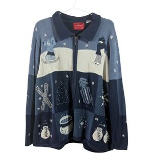 Vintage Holiday Lodge Cardigan Women 2X Blue Full Zip Winter Scene Skier Snowman